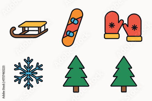 Collection of six colorful winter sport and holiday icons including a sled snowboard mittens snowflake and two christmas trees