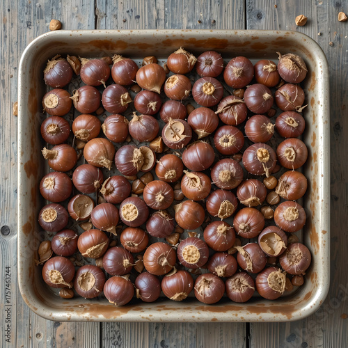 Fototapeta Naklejka Na Ścianę i Meble -  Tray of fresh chestnuts on a rustic table
