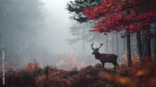Majestic Red Deer Stag Stands Proudly Amidst Autumnal Foggy Forest with Vibrant Red Foliage
