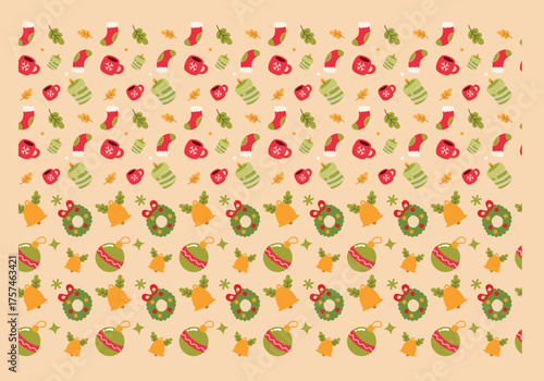 Cute Christmas Seamless Pattern with Tree, Snowman, Bell, and Santa Hat