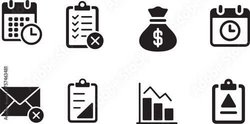 Project Failure Icon Set – Missed Deadline, Broken Chain, Budget Overrun, Crossed Checklist