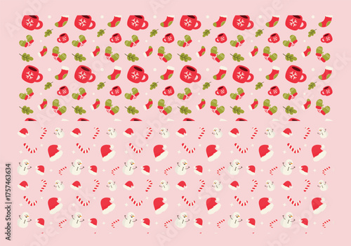 Cute Christmas Pattern with Mug, Socks, Snowman, and Candy Cane