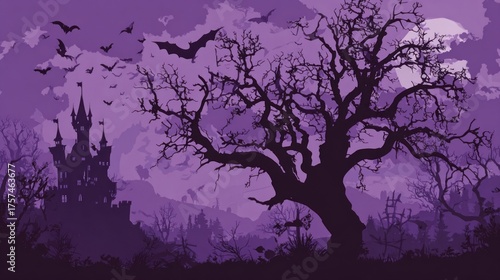 Purple Halloween background with tree, castle and bats