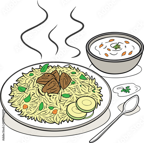 Hot Biryani Served with Raita and Salad