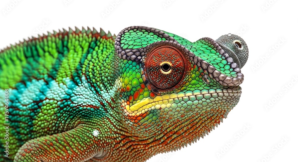 Fototapeta premium Close-up profile of a vibrant green and blue chameleon with a prominent horn on its snout.