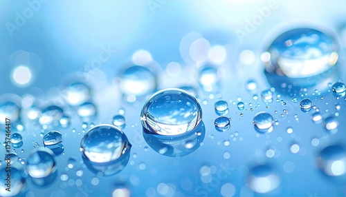 Wallpaper Mural Macro close up of clear water droplets on a reflective blue surface with soft bokeh background and sky reflection in the drops Torontodigital.ca