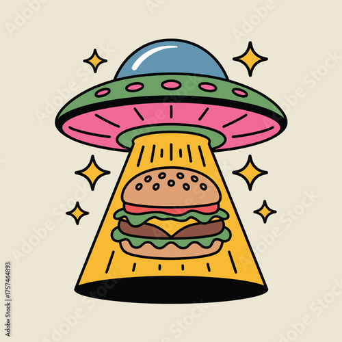 Alien ufo abducting burger illustration, fast food concept, space invasion theme