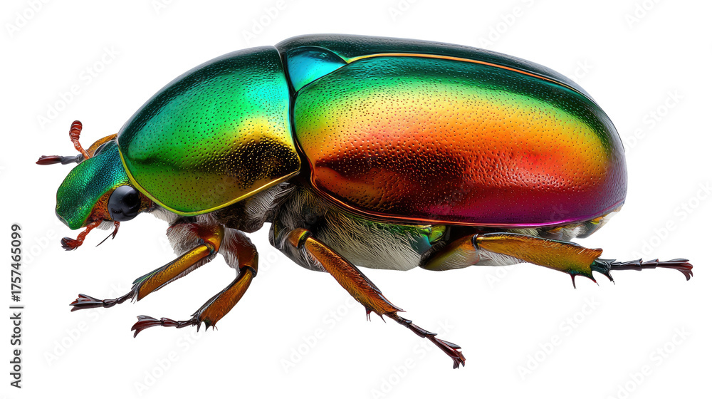 Fototapeta premium Iridescent Beetle: A vibrant, multi-colored beetle showcases the wonders of nature, its shell gleaming with an array of rainbow hues.