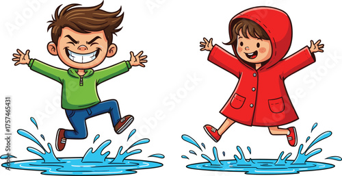 Happy kids jumping in puddles after rain, cheerful children wearing colorful clothes playing outdoors, fun rainy day activity illustration, 