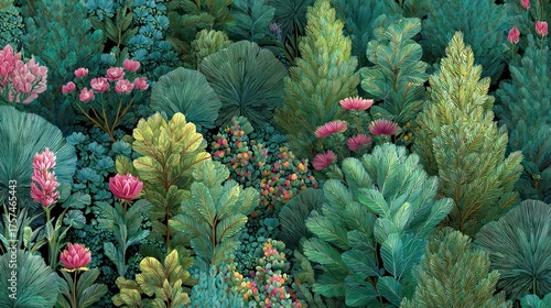 Lush, vibrant vegetation and flowers fill a dense, stylized garden scene