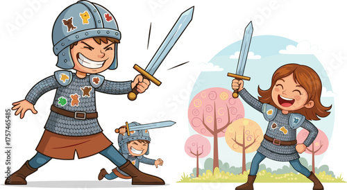 Happy kids playing knight sword fight in park, smiling boy and girl wearing armor costume, medieval fun, outdoor adventure