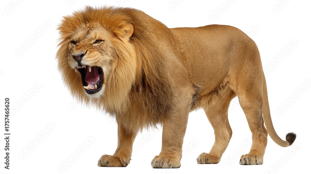 Obraz premium Lion's Roar: A majestic male lion with a magnificent mane stands regally, its powerful roar echoing with authority, capturing the raw power and beauty of the animal.