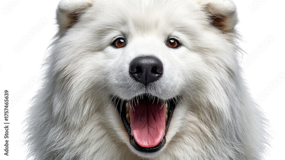 Fototapeta premium Fluffy Friend's Joyful Bark: A close-up shot of a majestic dog, displaying its signature fluffy white fur, showcasing a friendly and happy expression with open mouth.