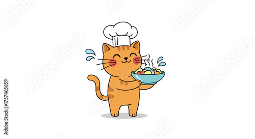 An adorable orange cat wearing a chef hat is happily presenting a delicious bowl of food. The steam rising from the food indicates it is freshly prepared and served with joy by the cute feline chef.