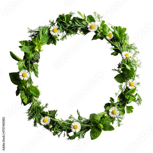 Herbal Wreath with White Flowers Black Background