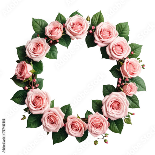 Elegant Pink Rose Wreath with Green Foliage Black Background