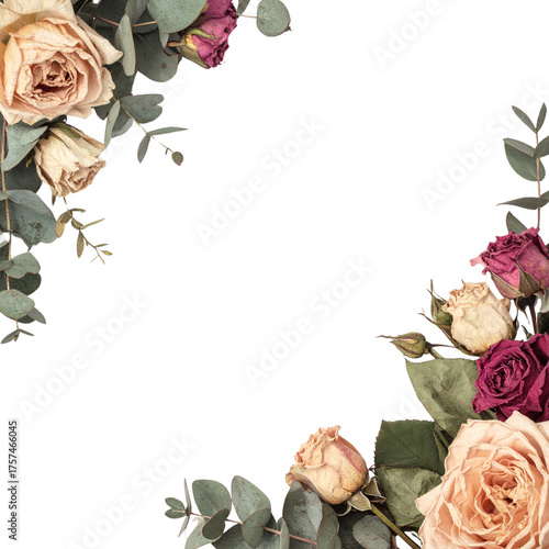 Floral Border with Roses and Eucalyptus Black Background