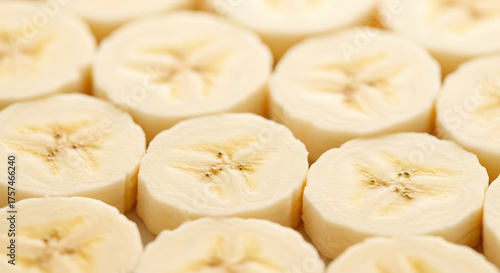 Close-up shot of several sliced bananas, showing the texture and detail of the fruit.