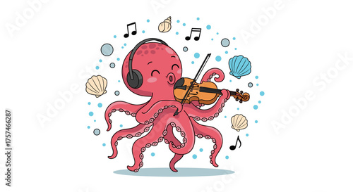 A cute cartoon octopus playing a violin with headphones on.