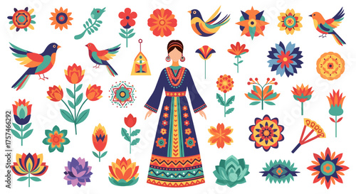 A vibrant collection of traditional folkloric art featuring colorful birds blooming flowers and a woman in ornate dress.