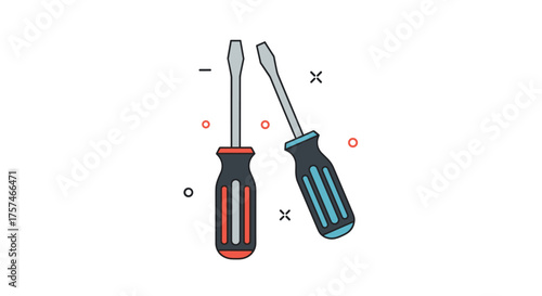 A pair of hand screwdrivers with red and blue handles are shown on a white background.