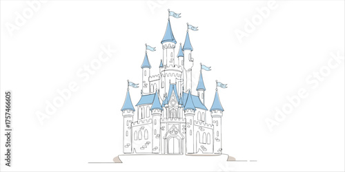 Fantasy Castles with Blue Towers on a Neutral Stage and Flags Above, Magic Kingdom continuous single line art drawing sketch on white background