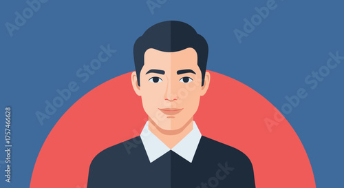 A confident young man wearing a dark collared shirt and a white collar stands against a blue background with a red circle behind him.