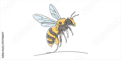 Flying Bee continuous single line art drawing sketch on white background