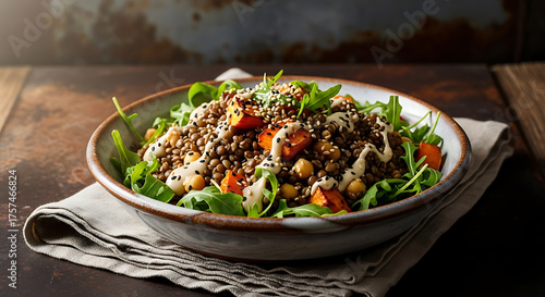 A healthy lentil salad with roasted sweet potato, chickpeas, and arugula in a rustic bowl on a wooden table.