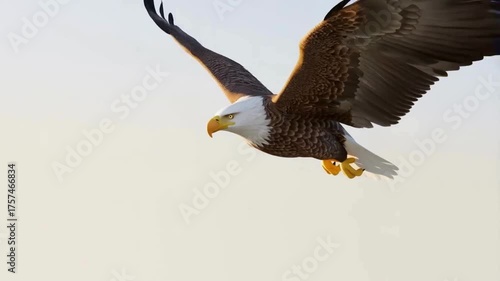 Realistic 3D animation of a bald eagle flying and landing gracefully on a white background