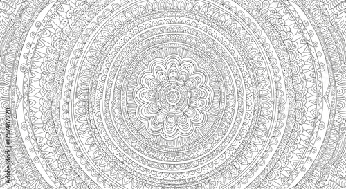 An intricate circular design with repeating geometric patterns and fine lines emanating from the center.