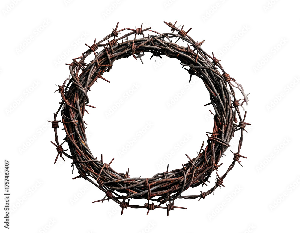 Fototapeta premium A circular object crafted from rusted barbed wire against a stark black backdrop