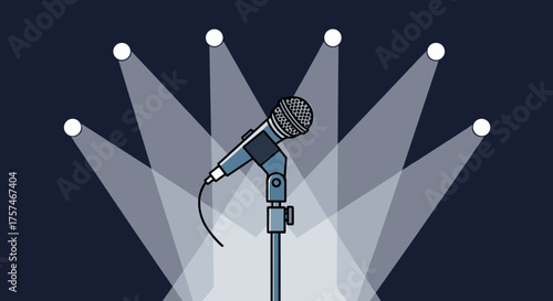 A microphone stands center stage under bright spotlights, ready for a performance.