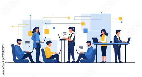 Diverse Team Working on Laptops in Office Setting.