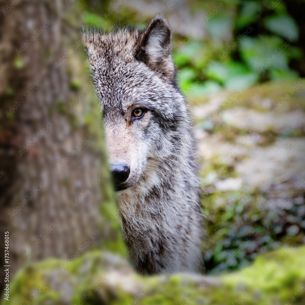 Obraz premium Funny wolf hiding behind a tree in the forest