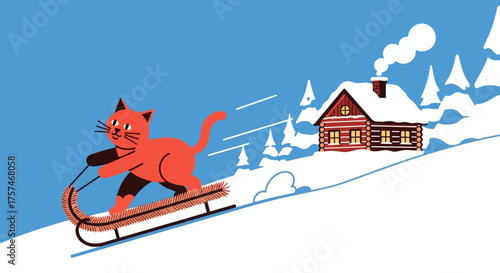Orange Cat Enjoying a Sled Ride Downhill in Winter.