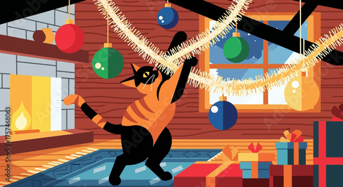 Playful Orange Tabby Cat Reaching for Christmas Garland.