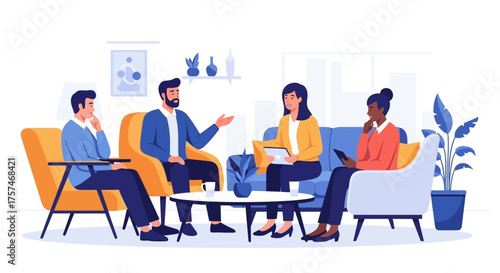 Group Therapy Session with Diverse People in Room.