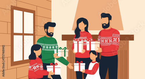 Family Exchanging Gifts During Christmas Celebration.