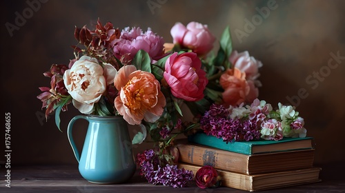 Still life with a bouquet of peonies in a jug on old books on table