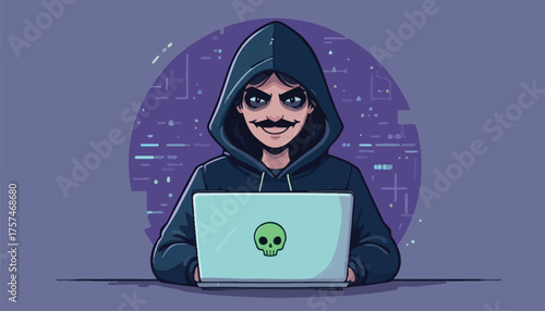 Hacker with Laptop and Skull Logo on Screen Keywords: hacker, laptop, skull, cybercrime