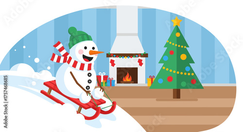 Cheerful Snowman Sledding with Christmas Tree and Fireplace.