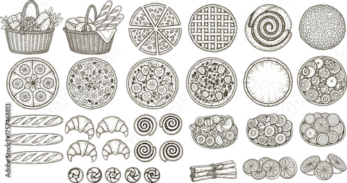 Assortment of Baked Goods Baskets, Bread, Pastries, and Pizza for Culinary Illustration