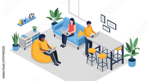 People Working on Laptops in Modern Office Space.