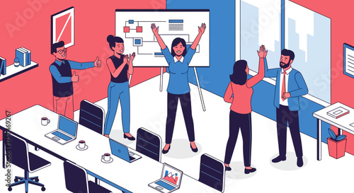 Team Celebrating Success in Modern Office Environment.