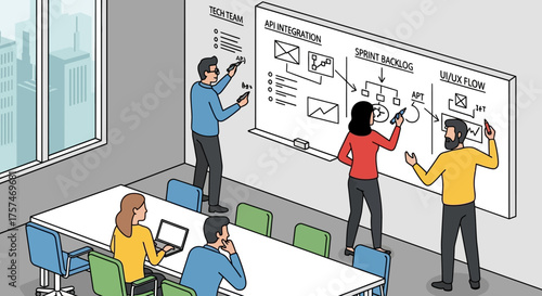 Tech Team Collaborating on Whiteboard in Meeting Room.