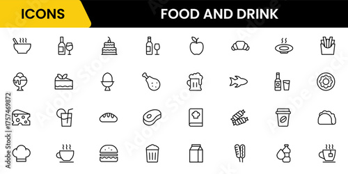 Food and drink web icons in line style. Meal, restaurant, dishes, fruits, fast food, burger, pizza, coffee, sandwich, collection. Vector illustration.