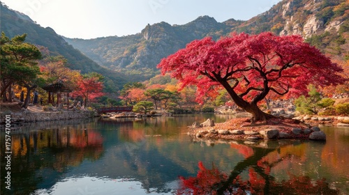 Vibrant Crimson Maple Tree Reflects in Serene Autumn Lake Amidst Majestic Mountains and Traditional Pavilion