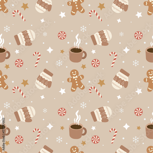 Cozy Christmas Seamless Pattern Vector: Gingerbread Man, Candy Cane, Cocoa, Mitten, and Stars. Brown Flat Design for Sweet Holiday Fabric and Background.