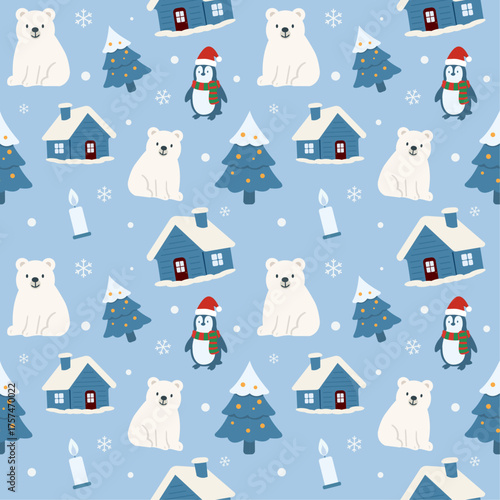 Vector Winter Seamless Pattern: Polar Bear, Penguin, Pine Tree, Snowy Cabin, Candle, and Snowflakes. Blue Flat Design for Cozy Christmas Fabric and Background.